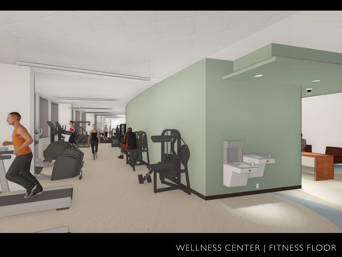 Fitness area of the Wellness Center in the newly renovated academic building