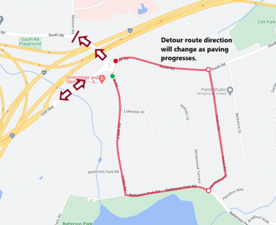 Map showing detour around paving work at the Colt Highway/ South Road / Two Mile Road traffic circle